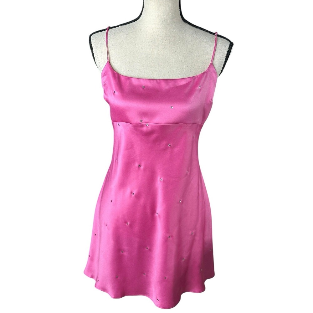 Victoria's Secret Hot Pink Satin Slip with Rhinestone Accents